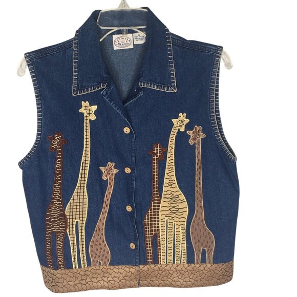 Carolina Blues Denim Vest Womens Medium Giraffe Applique Embroidered Button Up - Picture 1 of 14